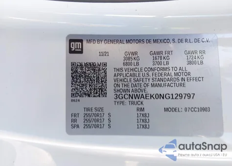 2022 Chevrolet Silverado 1500 Ltd 2Wd Long Bed Wt из США, поврежденный, VIN 3GCNWAEK0NG129797